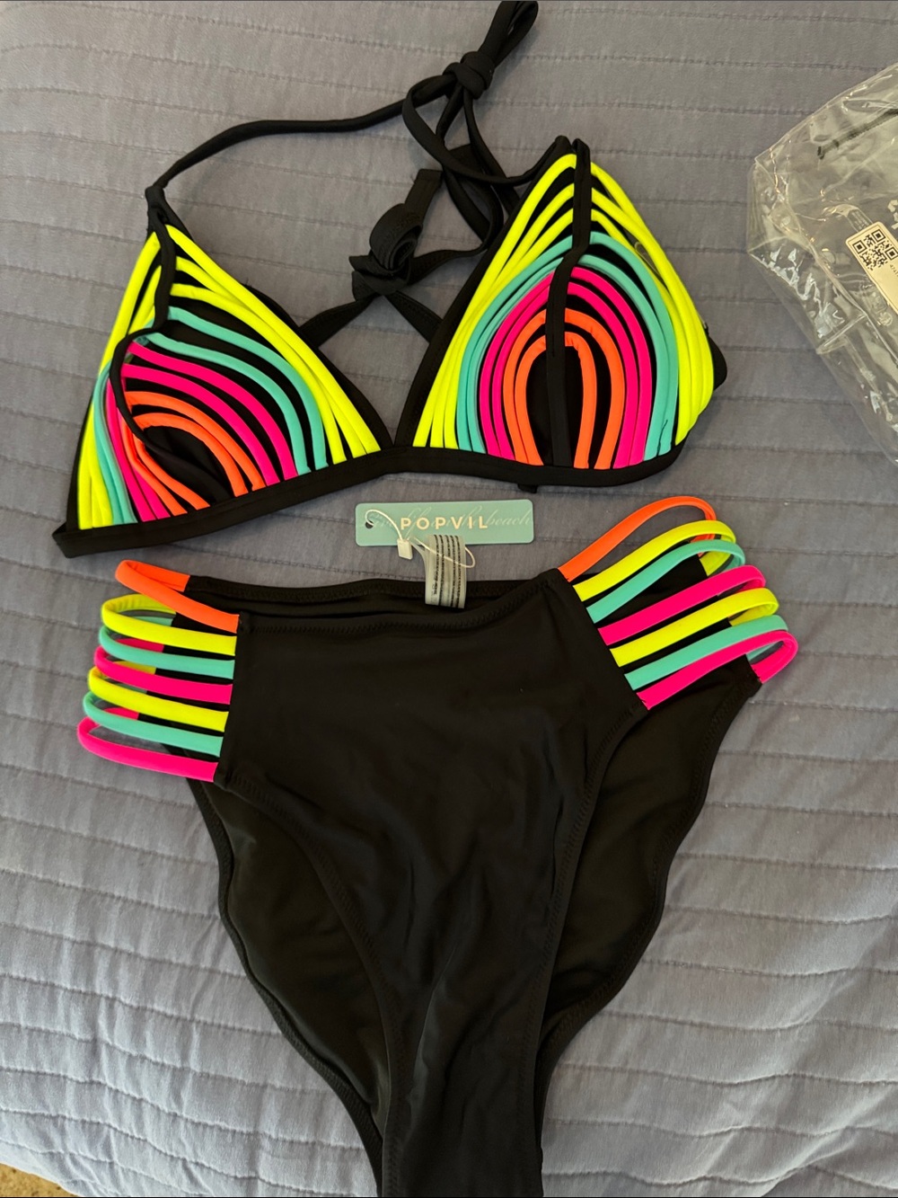 Popvil Black Bikini with Neon Multicolor Strappy Accents